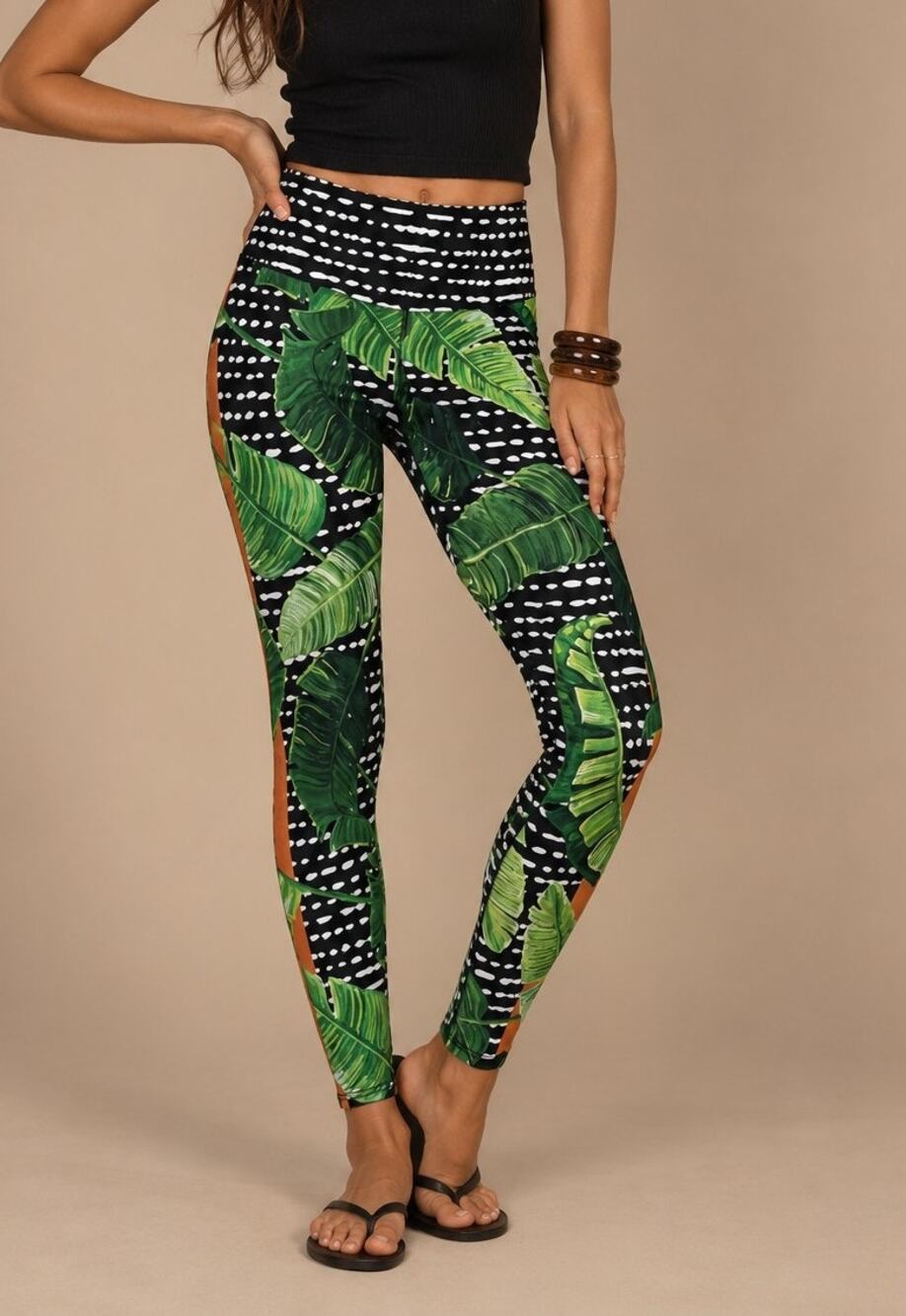 Goldsheep Womens Palm Leaf Graphic Leggings Size S Black Green Tropical Athletic